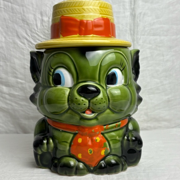 1950's 1960's Vintage Anthropomorphic Green Cat Cookie Jar
